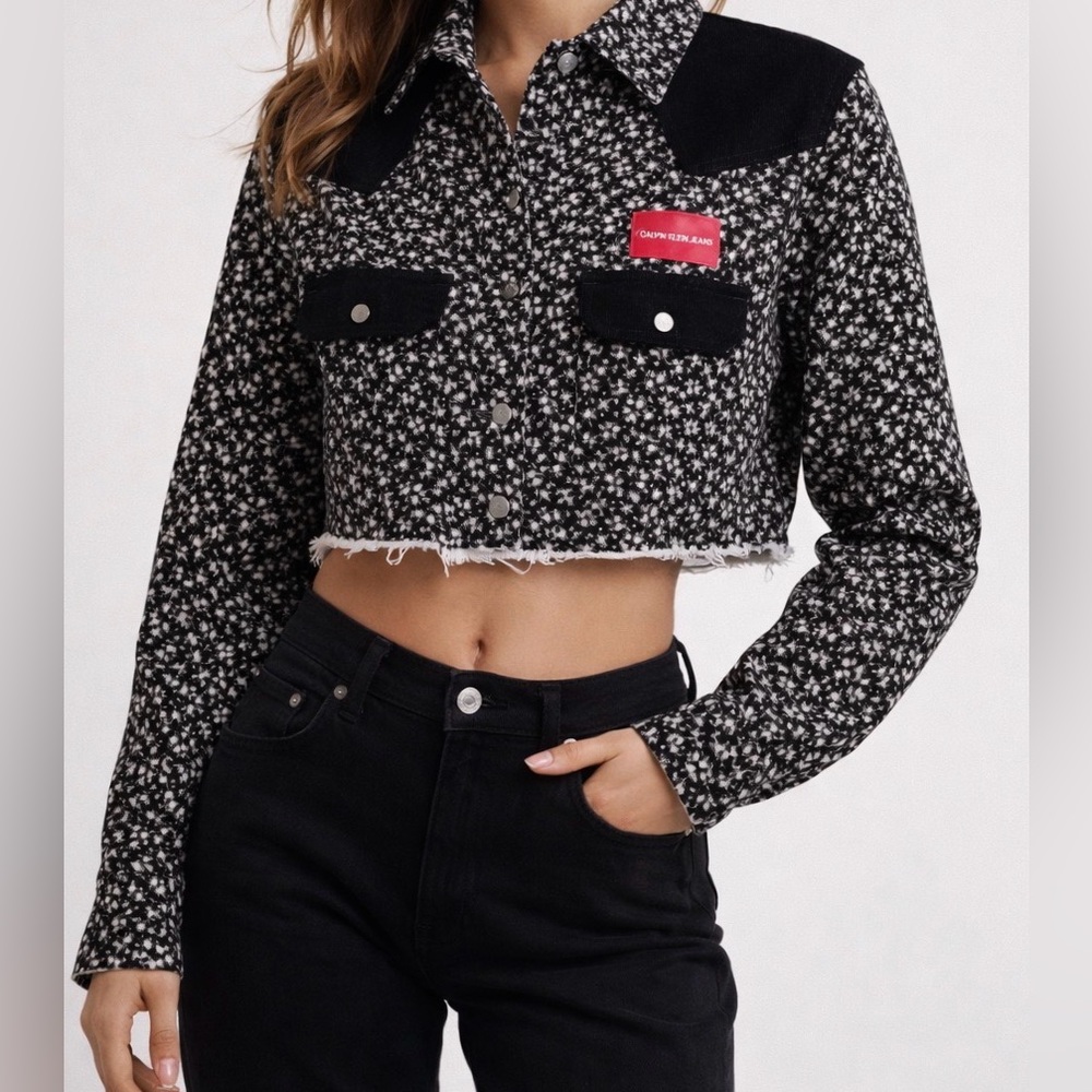Calvin Klein Cropped Floral Denim Jacket Black White Size S